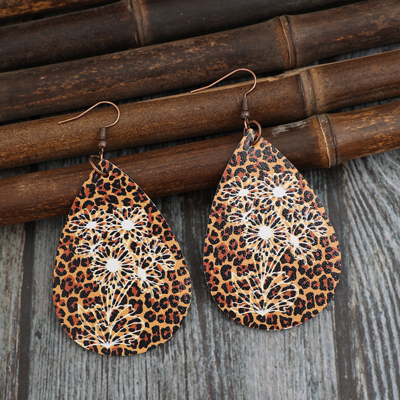 Leopard Pleather Teardrop Shape Earrings