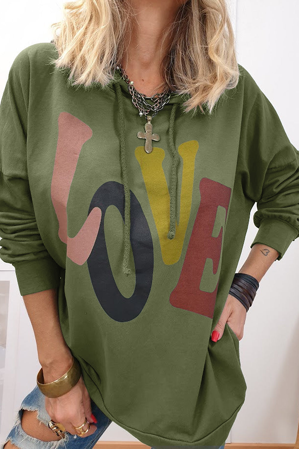 LOVE Drawstring Dropped Shoulder Hoodie