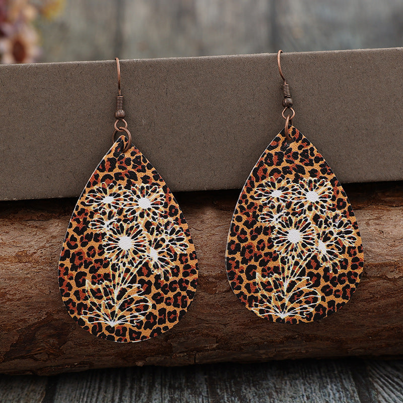 Leopard Pleather Teardrop Shape Earrings